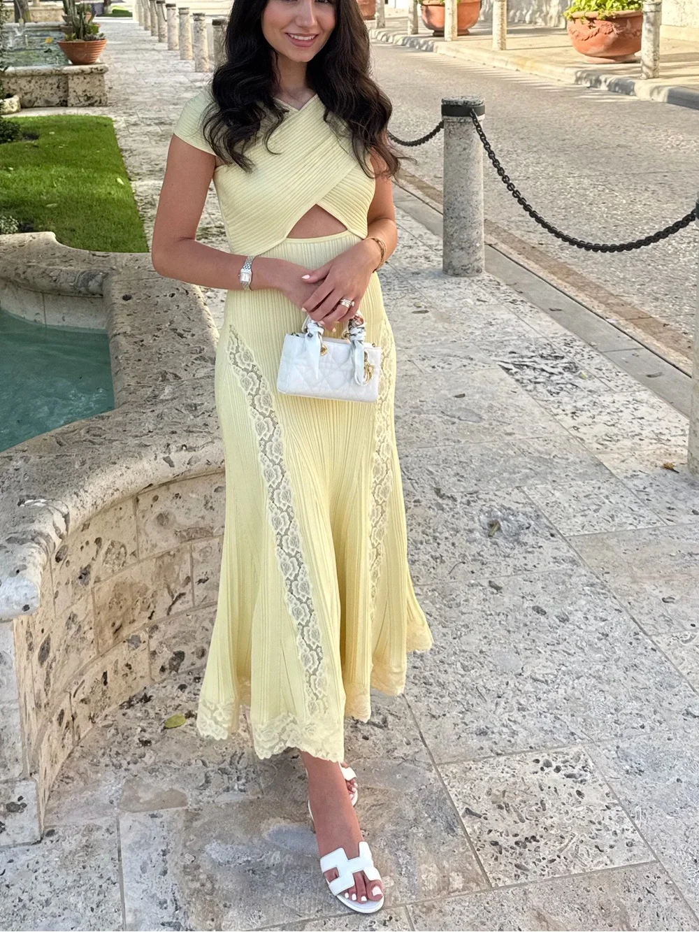 Self Portrait YELLOW KNIT LACE INSERT MIDI DRESS - Picture 5 of 8